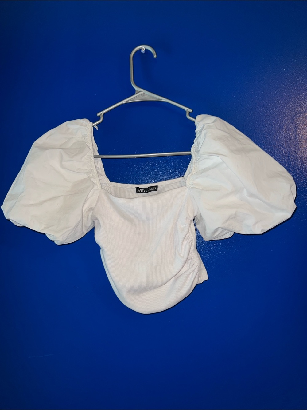 Zara White Puff-Sleeve Square Neck Crop Top